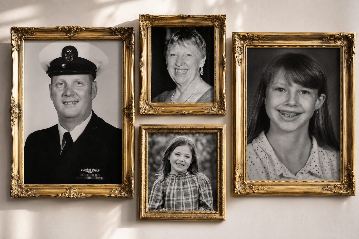 Framed family photographs on a sunlit wall