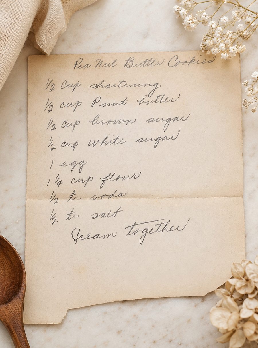 A handwritten family recipe card for peanut butter cookies
